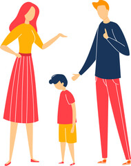 Woman gesturing to a boy while man shows approval. Modern family with child communication. Parenting and guidance vector illustration.