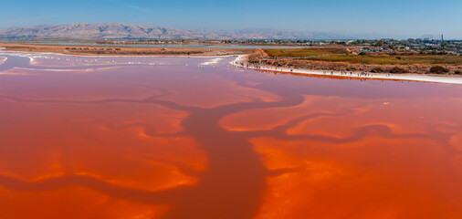 Aerial view of the Pink salt ponds at Alviso Marina County Park, gateway to the Don Edwards San...