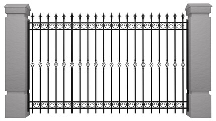 Section of decorative forded fence with concrete piers. Wrought iron fence. 3D render.