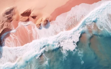Stoff pro Meter Aerial view of gentle waves caressing a sandy shore, a dance of nature's hues and textures © VK Studio