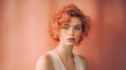 Portrait of beautiful young woman with red curly hair looking at camera