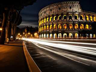 Night in Rome: Dynamic swirl of traffic around the Colosseum, capturing the essence of the old city's blend of history and contemporary hustle