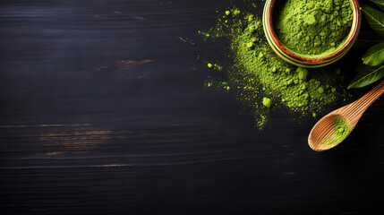 Matcha tea powder in a wooden plate on dark background with whisk, top view, copy space. Generative AI - obrazy, fototapety, plakaty