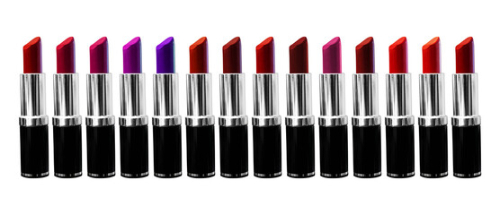 Lipstick Collection PNG poster concept with transparent background. Fashion industry product photo with no backdrop in different colors