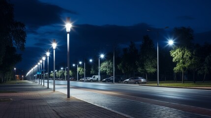 Modern street LED lighting pole. Urban electro-energy technologies. A row of street lights against...