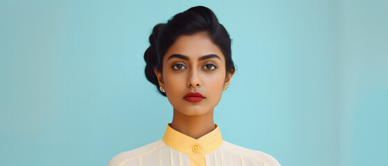 Beautiful indian woman looking at camera and posing isolated on blue