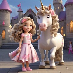 Obraz na płótnie Canvas little cartoon girl with unicorn