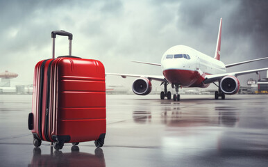 A bold red suitcase stands ready on the tarmac, with an airplane poised for journey under stormy skies