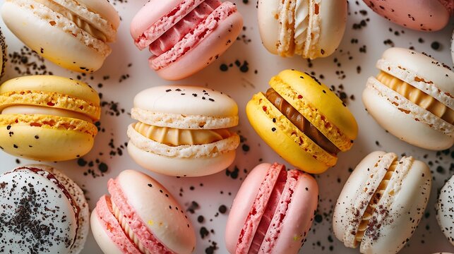 An isolated white backdrop features a colorful pattern of french macarons, flat lay, Generative AI.