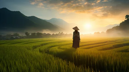 Zelfklevend Fotobehang Woman standing in rice paddy sunrise © Rimsha