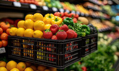 Healthy food market concept. Vitamins and minerals in vegetables and fruits. Fresh vegetables tomatoes, capsicum
