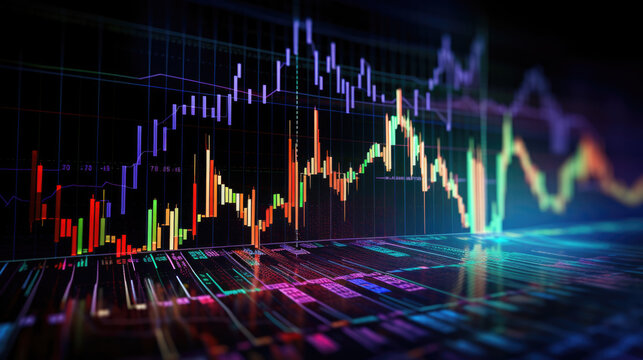 Close-up of a financial trading screen displaying market data with various colored candlestick charts, numerical values, and trend lines indicating stock performance.