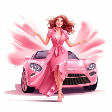 Woman drive the clean pink car illustration AI generated picture