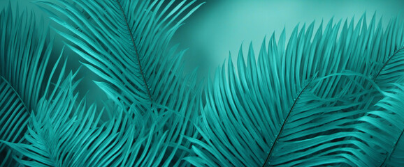 Fototapeta na wymiar Beautiful dark turquoise nature background. Fern leaves. Toned blue frond background for design. Web banner. Website header. Exotic plants. Close-up.