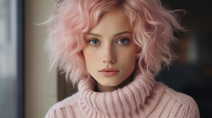 Portrait of a beautiful girl with pink hair in a pink sweater