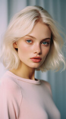 Fototapeta premium Portrait of a beautiful blonde girl with blue eyes in a pink sweater