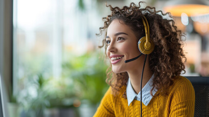 Young woman wearing a yellow cardigan and a white shirt, with curly hair, smiling and wearing a headset, representing a customer service representative or a call center operator.