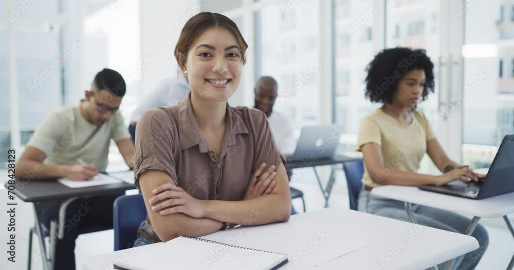 Poster Students, writing and notebook in lecture at university for learning, education or knowledge with scholarship. Woman, desk and study with book at college for test, exam and assessment with smile