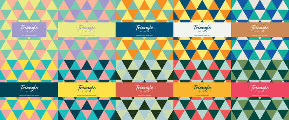 Classic retro triangle color theme seamless pattern set