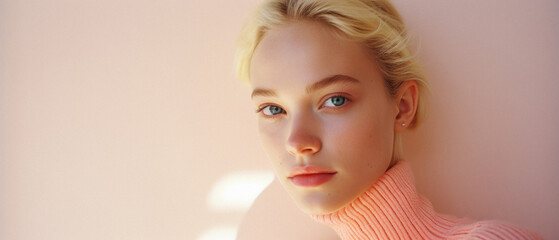 Portrait of a beautiful young woman with blue eyes and pink sweater