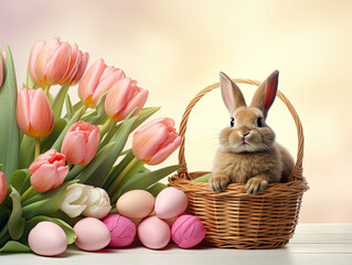 Bunny Sitting in Basket Next to Pink Tulips