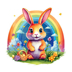 Rabbit Sitting in Grass With Rainbow in Background