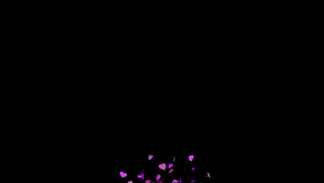 4k Heart Confetti explosion. Falling pink hearts particles. Valentines day wallpaper. Isolated on black background.