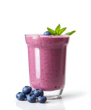 Blueberry smoothie or milkshake in a glass with straw, fresh berries and mint. Summer refreshing drink	
