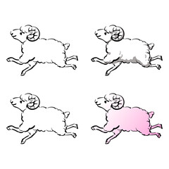 角のあるヒツジの和風ベクターイラストセット（線画、影付き、白黒、グラデーション）。