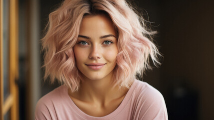 Portrait of a beautiful young woman with pink hair in the room - obrazy, fototapety, plakaty