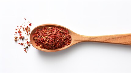 A wooden spoon with red chili pepper on a black backdrop, top view, copy space, dry spices, Generative AI.