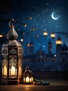 Muslim holiday in the holy month of Ramadan Kareem. Beautiful sky background with lanterns on shining wood Fanus. vertical background