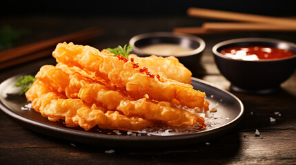  Delicious crispy tempura on a plate with blur back ground