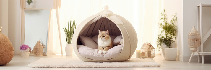 Cat Sitting in Cat Bed in Living Room, Domestic Feline Relaxing in Cozy Household Environment