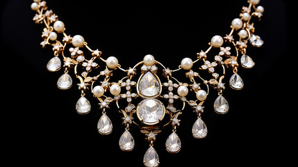 diamonds and pearl necklace on dark background