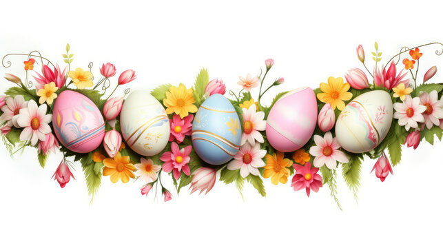Row of Colorful Easter Eggs Adorned With Pretty Flowers