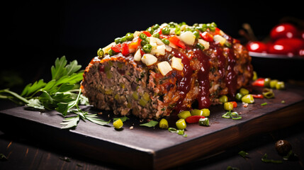 delicious meatloaf with vegetable topping black background