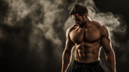 Muscular man with gym chalk.
