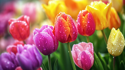 tulip flowers in spring with dew on them - obrazy, fototapety, plakaty