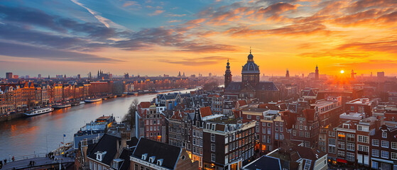 Amsterdam City Beautiful Panorama Sunset - obrazy, fototapety, plakaty