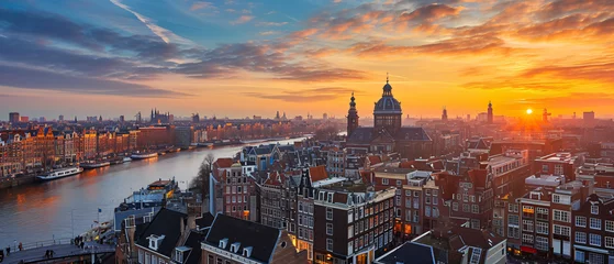 Foto auf Leinwand Amsterdam City Beautiful Panorama Sunset © Rimsha