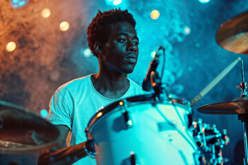 Fototapeta na wymiar Focused Drummer Performing at Concert. Generative AI