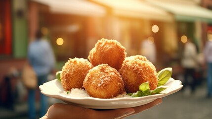 arancine concept, Arancini (deep fried rice balls with meat) Typical Sicilian street food - obrazy, fototapety, plakaty