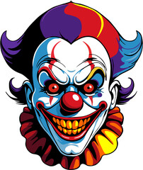 VECTOR ILLUSTRATION OF A CLOWN WITH AN EVIL LOOK LAUGHING, RED EYES AND COLORED HAIR.