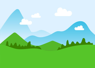 Simplified landscape with green hills and blue mountains under a sky with clouds. Serene nature scene, flat design hillscape. Tranquility in nature vector illustration. - obrazy, fototapety, plakaty