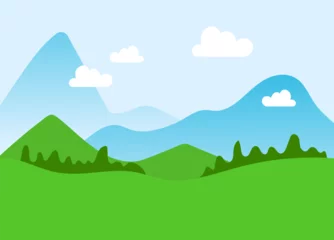 Fotobehang Simplified landscape with green hills and blue mountains under a sky with clouds. Serene nature scene, flat design hillscape. Tranquility in nature vector illustration. © Seahorsevector