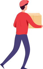 Delivery guy carrying a package wearing a red shirt and cap, side profile walking. Delivery service concept, male courier vector illustration.