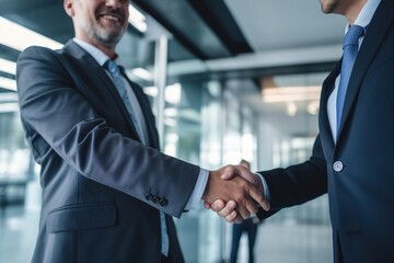 Businessmen in suits shaking hands in agreement