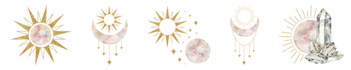 Set of crescent moon, sun, floral elements. Moon, sun and. Isolated watercolor illustration on the topic of astrology and esotericism. Magic celestial clipart for design, print, fabric or background