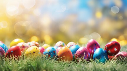 Fototapeta na wymiar Colorful easter banner with beautiful eggs, sun rays, copy space on blurred background